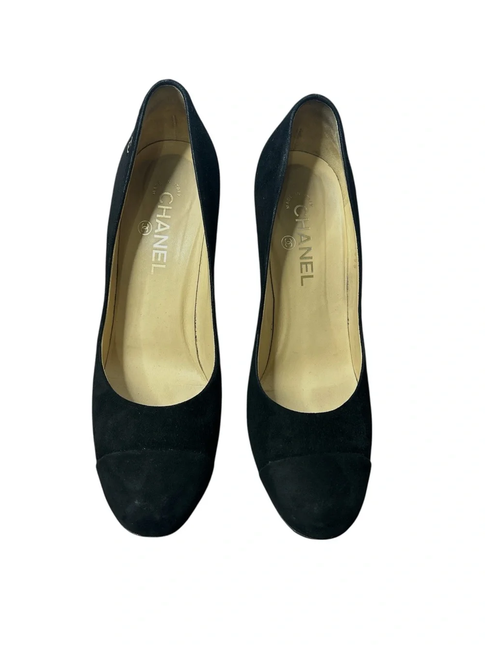 CHANEL Black Suede Cap Toe Pumps Heels CC Logo Gold Trim Size 40.5C Luxury